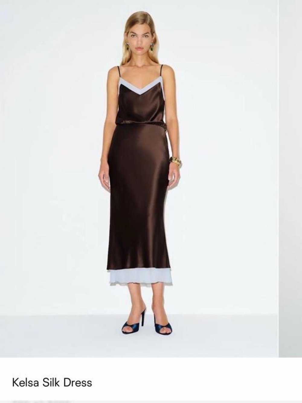 Reformation Kelsa Silk Slip Dress - Brown (Black Bean) with Blue Trim